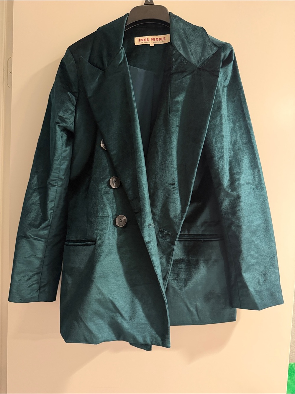 Free People Deep Emerald Green Velvet Double-Breasted Blazer